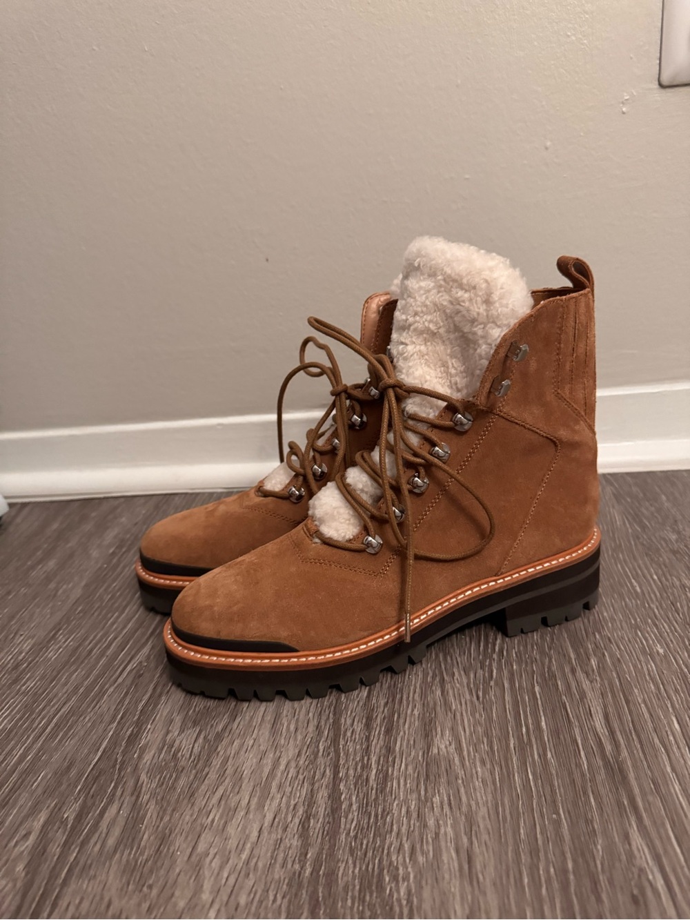 NWT Suede Shearling-Lined Lace-Up Hiking Boot - Chestnut